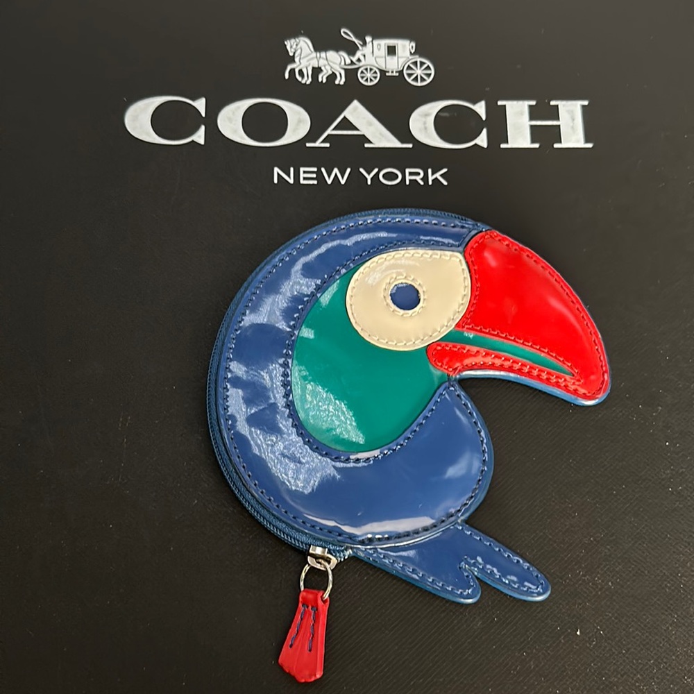 Coach Coin Purse Toucan Red Blue Green White Patent Leather Bird Wallet Card - Picture 1 of 7